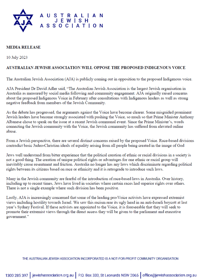 Media Release by the AJA on the Voice Referendum, 6 July 2023.