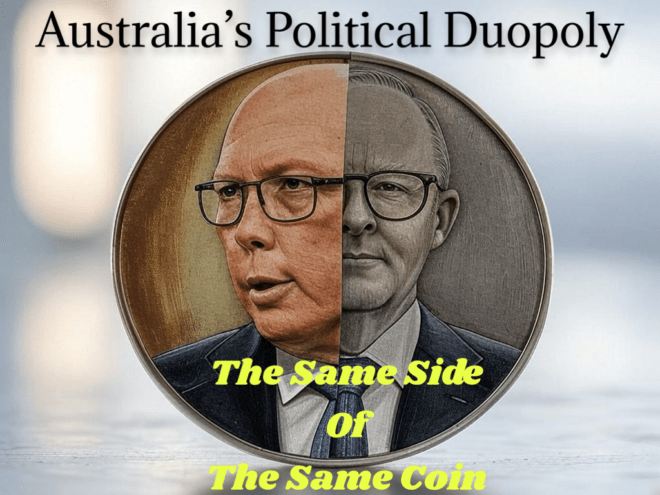 A coin divided in half with image of Peter Dutton and Anthony Albanese. Beneath is a caption, "The same side of the same coin".