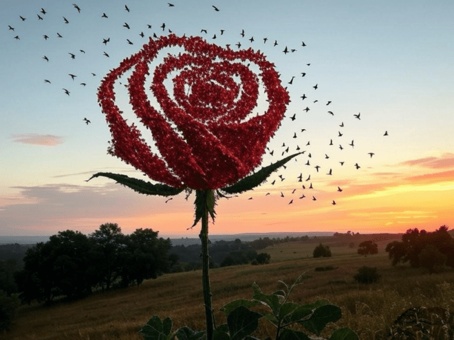 A rural landscape and rising into the sky a long-stemmed rose composed of a flock of red birds.