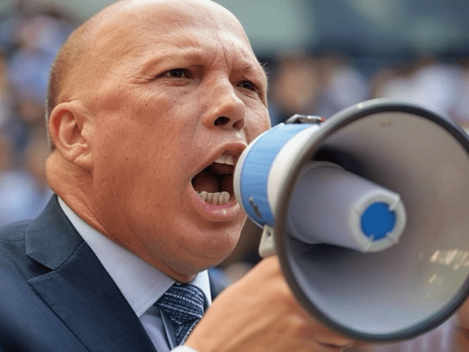 Peter Dutton yelling into a megaphone.