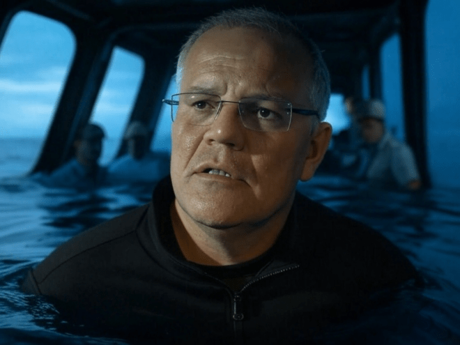 A worried Scott Morrison almost under water, his vessel sinking.