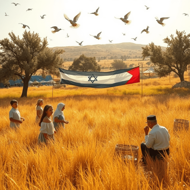 People in a filed with a banner combining the Israeli and Palestinians flags.