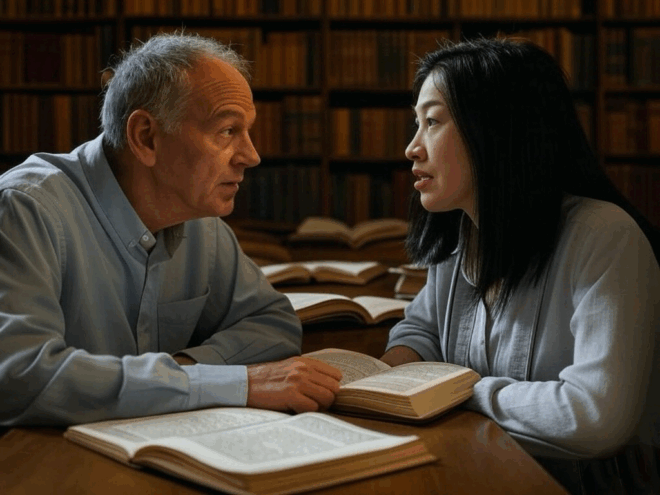 Two people speaking to each other over open books.