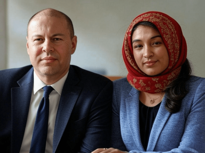 Josh Frydenburg beside a woman in a headscarf.