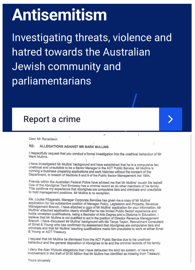Image of the AFP antisemitism reporting portal above the racist letter by Angel Marina regarding his line manager.