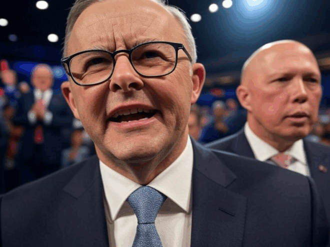 Anthony Albanese with Peter Dutton in the background.