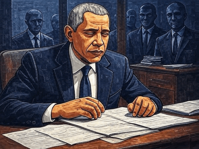 Man in a suit sitting at a desk, with lots of shadowy figures in the background.