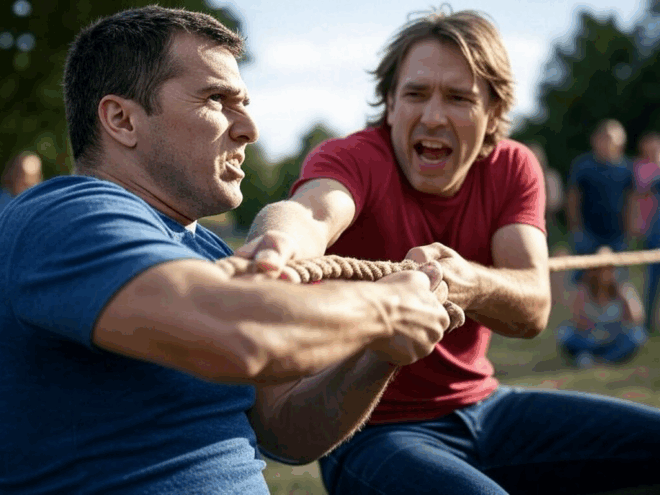 Two men in a tug of war.