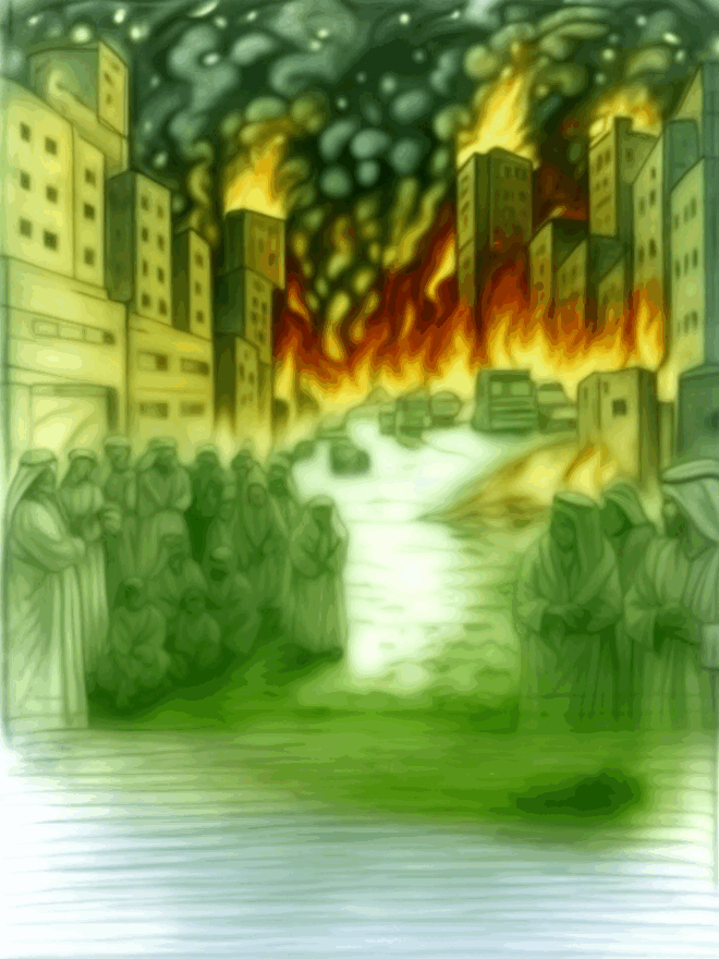 A mirage of a city on fire, people watching in the foreground.