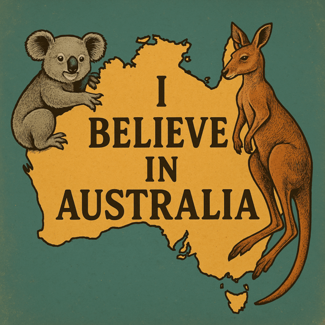 Map of Australia with a koala and a kangaroo on either side and the words " I believe in Australia" in the centre.