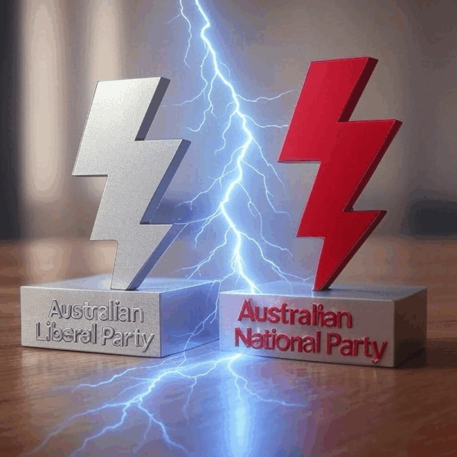 Two lightning bolt trophies. The silver trophy is labelled "Australian Liberal Party" the red trophy is labelled "Australian National Party". They are divided by a real lightning bolt.