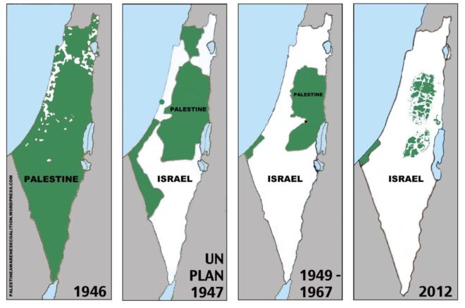 Four maps of Palestine showing its progressive decrease in area relative to Israel between 1946 and 2012.