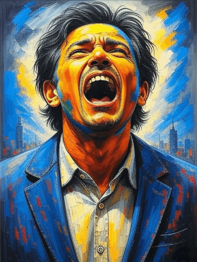 Drawing of a man looking up and screaming.