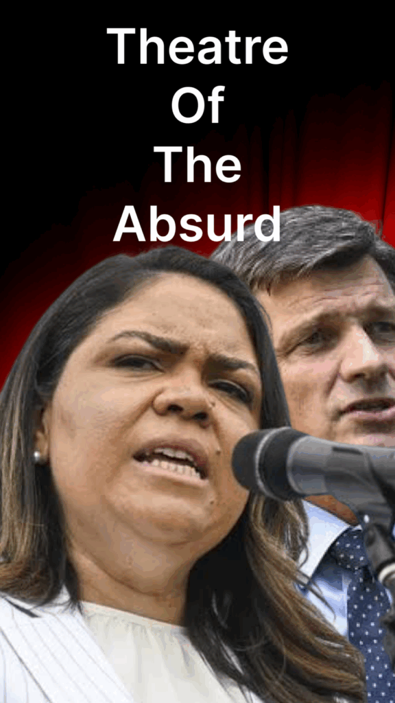 Jacinta Price at a microphone, with Angus Taylor in the background. Above their heads are the words, "Theatre of the absurd".