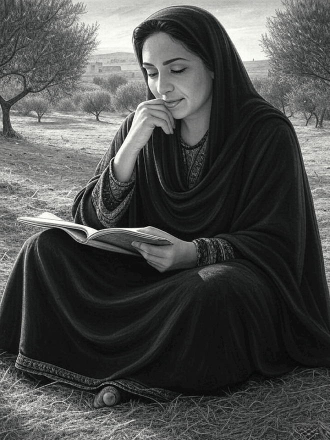 A woman wearing a head covering sitting on the ground reading.