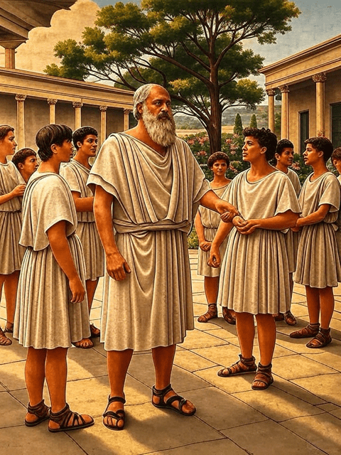 Ancient Greek scene of young men and an elder in togas in a courtyard.
