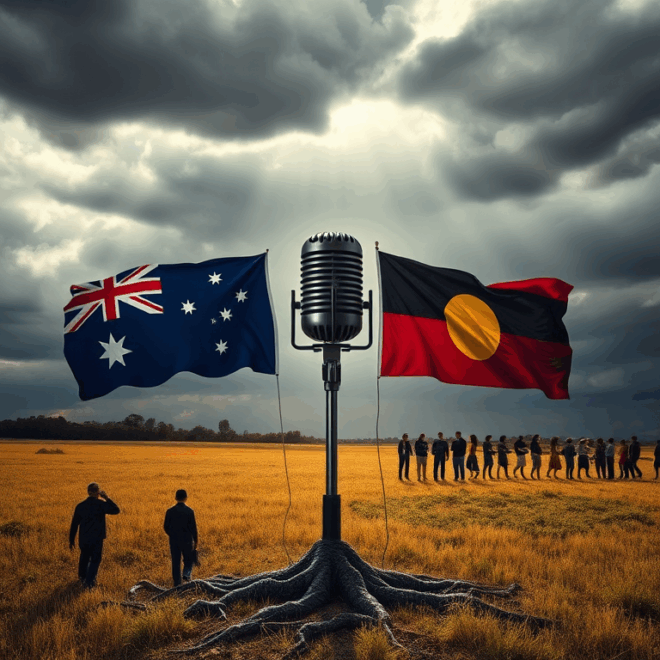 The Australian and Aboriginal flags flying from a microphone.