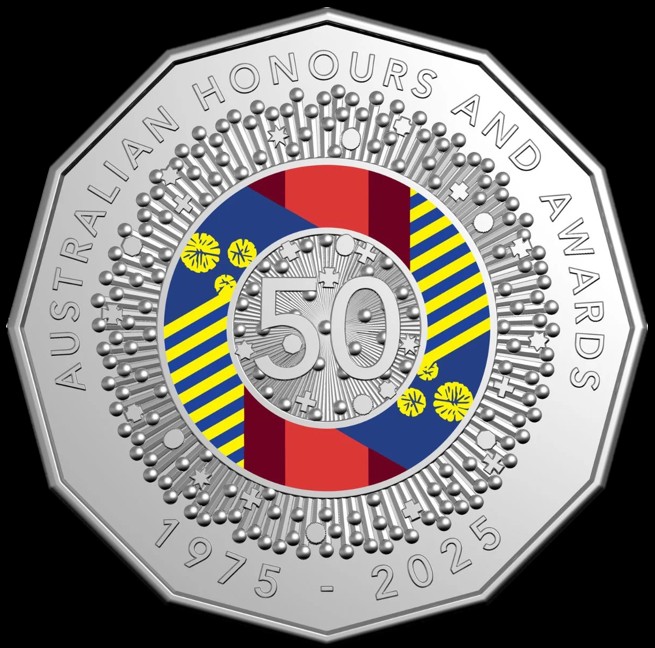 A medal commemorating 50 years of the Australian Honours and Awards.