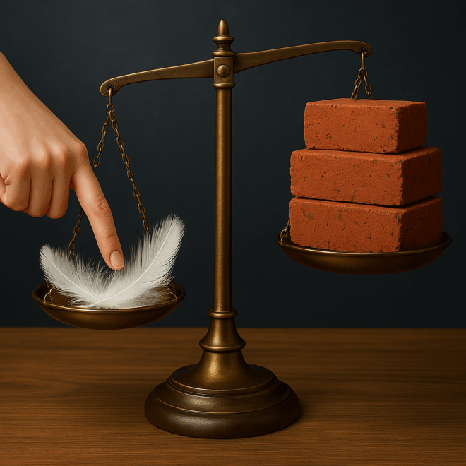 Balancing scales, with one side loaded with bricks, the other with feathers. The tray of feathers are being pushed down by a finger.