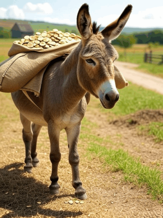 Donkey loaded with gold.