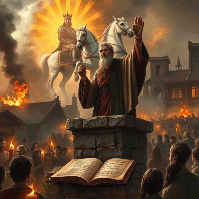 A man preaches to a crowd, a hold book below him. Behind him is a king on a white horse surrounded by a halo of light.