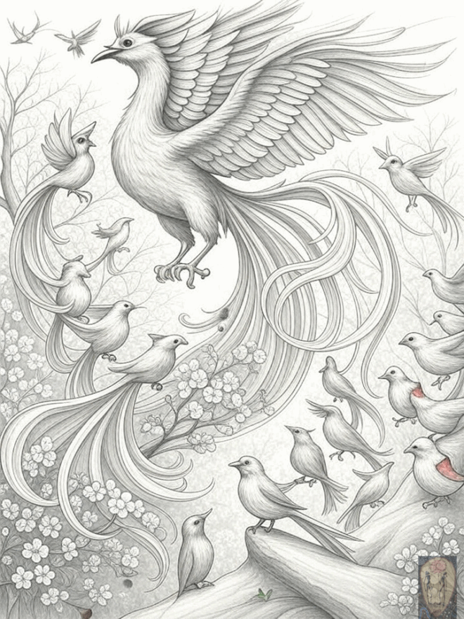 An intricate drawing of birds.