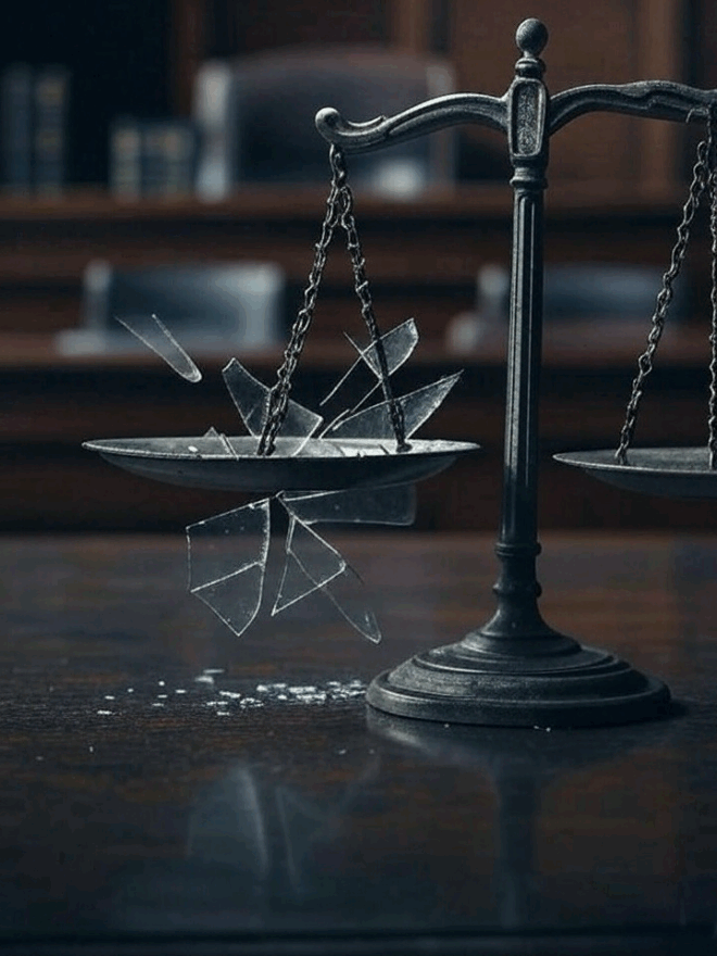 Glass shattering on the scales of justice.