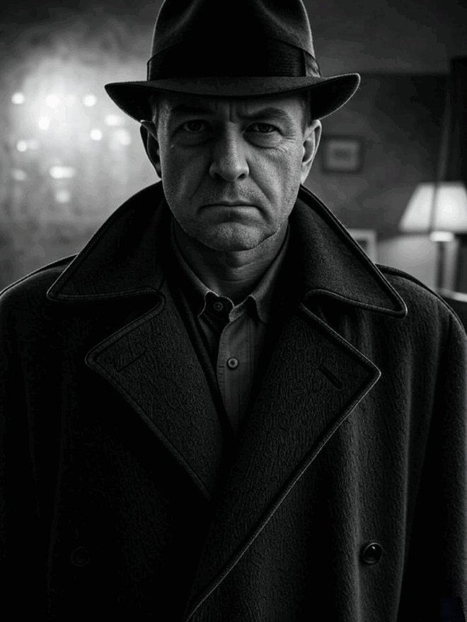 Man in a hat and overcoat, suggestive of a spy.