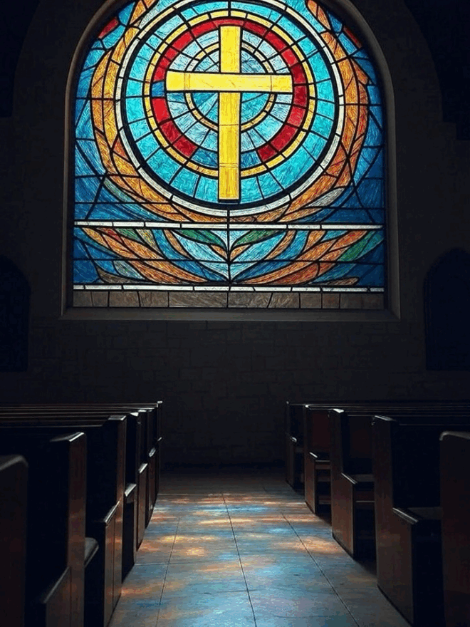 Stained glass window of a cross in a church.
