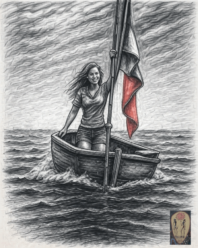 Woman in a small boat, by Bakchos.