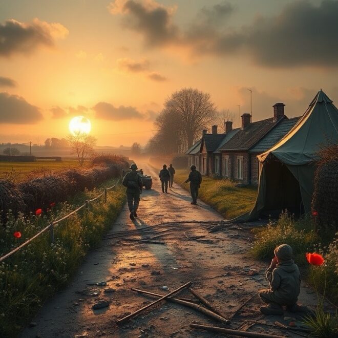 Soldiers walking along a rural road lined with houses, a child in the foreground.