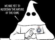 A pillowcase wearing police officer saying, "We are yet to ascertain the nature of the crime."
