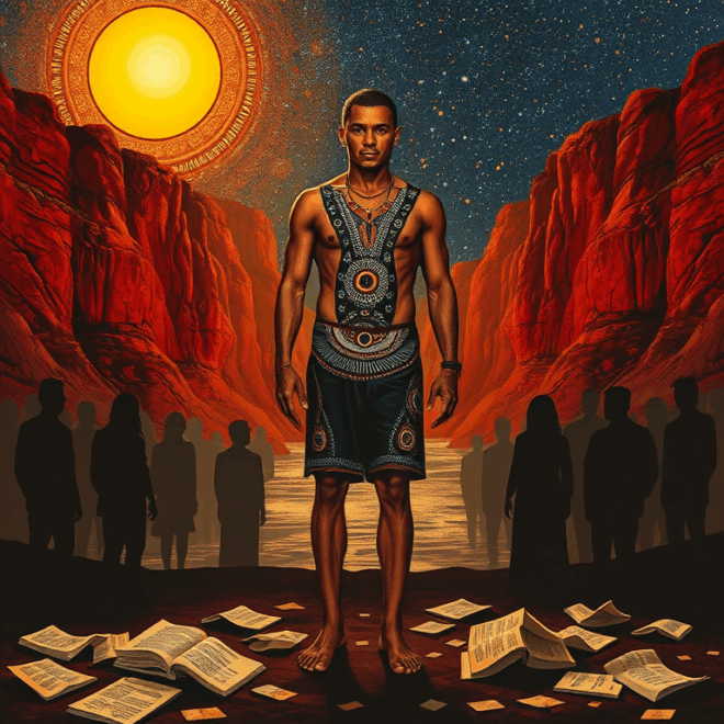A dark skinned man standing with books strewn at his feet, shadows of people behind and red maintains behind, illuminated by a blazing sun.