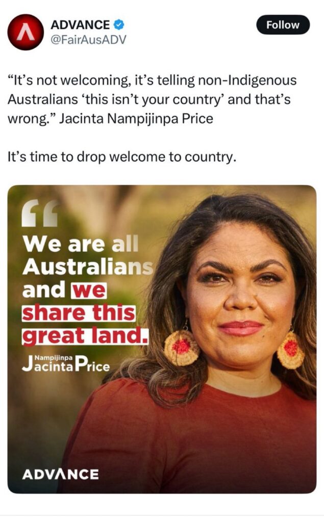 Jacinta Price, spruiking Advance with the quote, "We are all Australians and we share this great land."