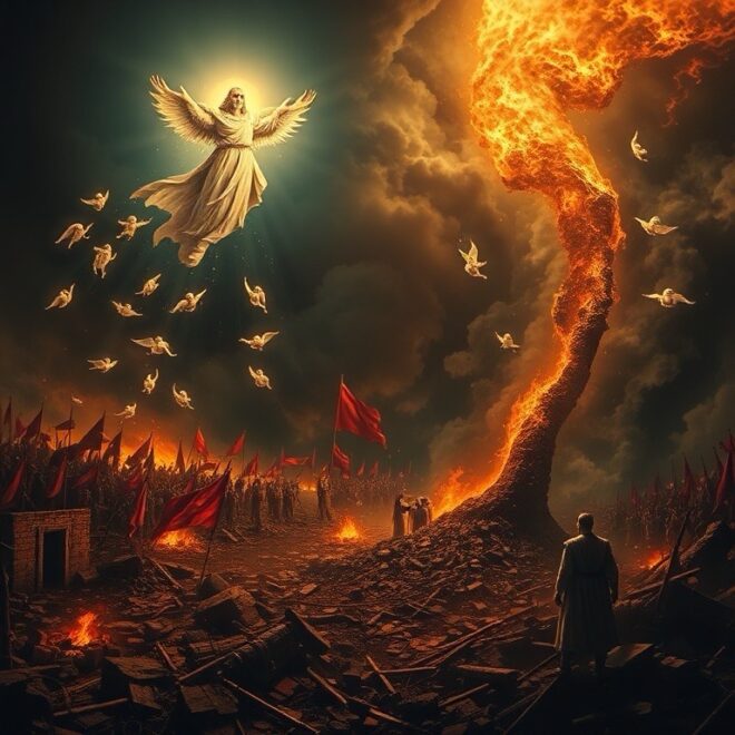 Angel over a field of decimation, a fiery tornado destroying all in it's path.