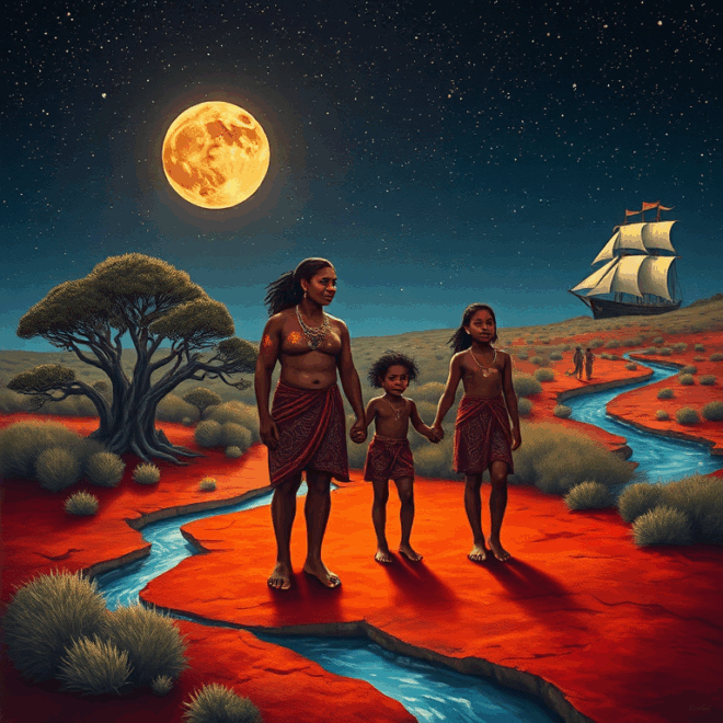 Aboriginal family on red earth with, trees and a river around them, the spectre of a tall ship on the distant horizon.