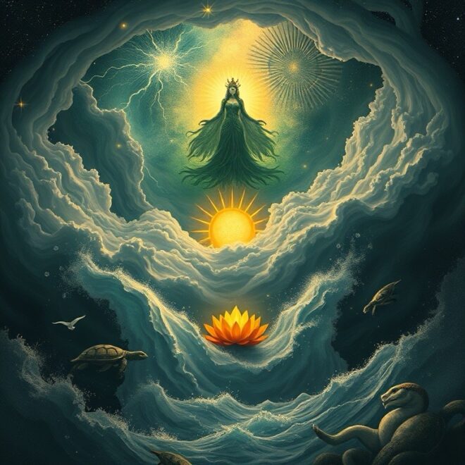 Creation. A figure rup high and ringed by clouds, creatures forming within them.