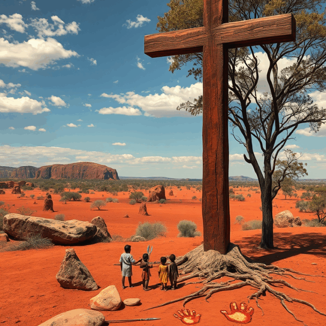 A large cross in the Australian outback with Indigenous people at its base.