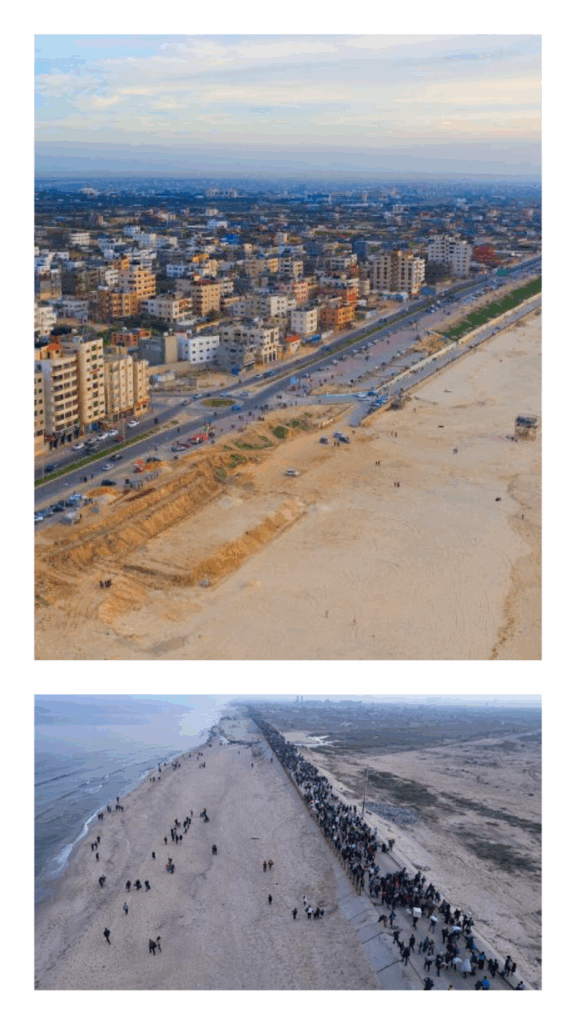 Gaza before the war starting in 2023, versus the barren land with hundreds of people walking along the coast.