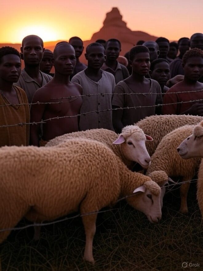 Indigenous people behind a barbed wire fence looking over sheep.