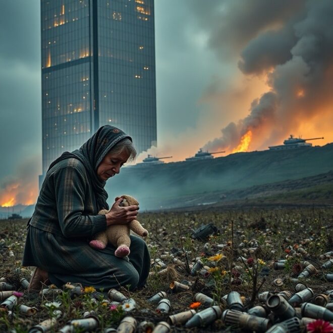 A mother holding a teddy bear in the rubble of a war zone.