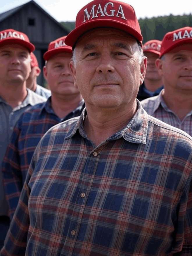 Men wearing MAGA caps.