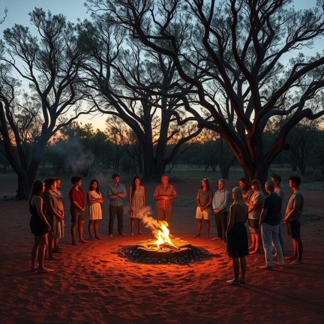 People standing around a fire pit in the outback.