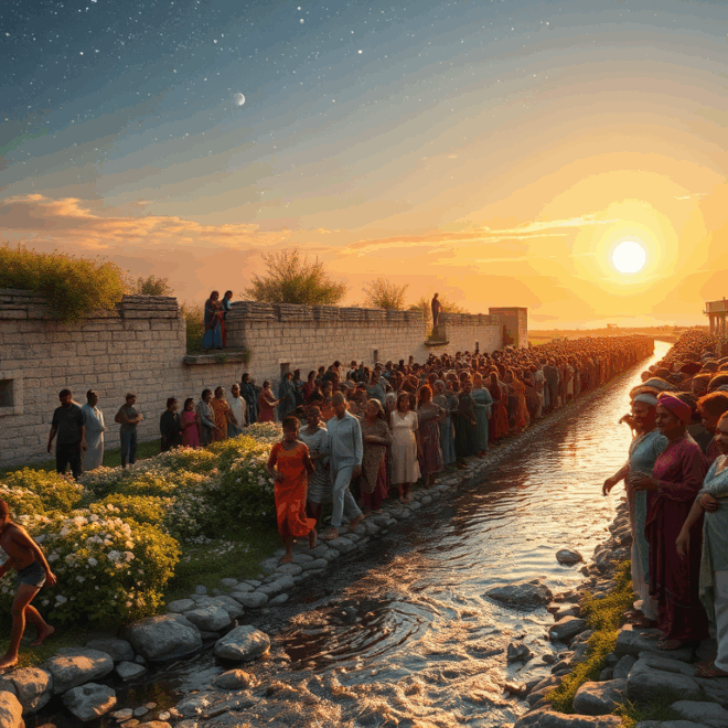 Many people walking by a river.