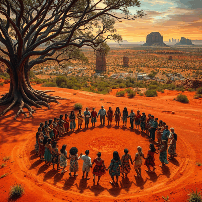 People in a circle in the desert