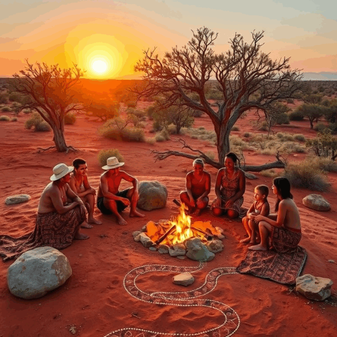 People around a campfire in the outback, drawing of a serpent in the soil.