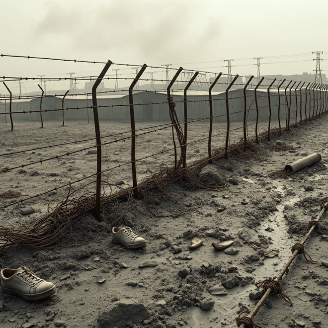 Shoes by a barbed wire fence in a desolate land.