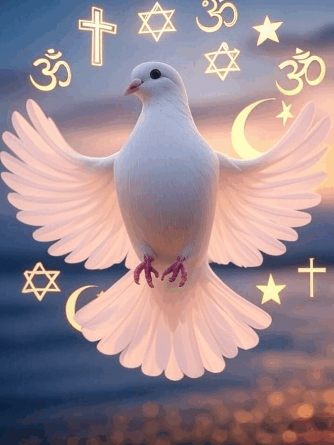 Peace dove surrounded by religious symbols.