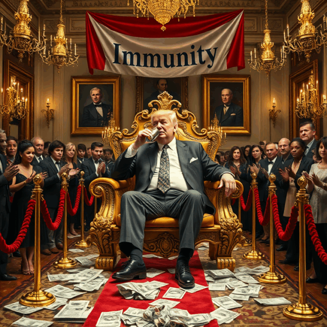 Donald Trump, seated beneath a banner with the word "immunity".