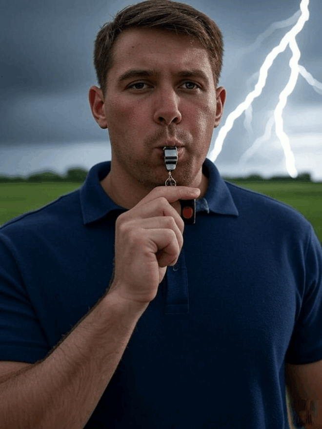 Man blowing a whistle.